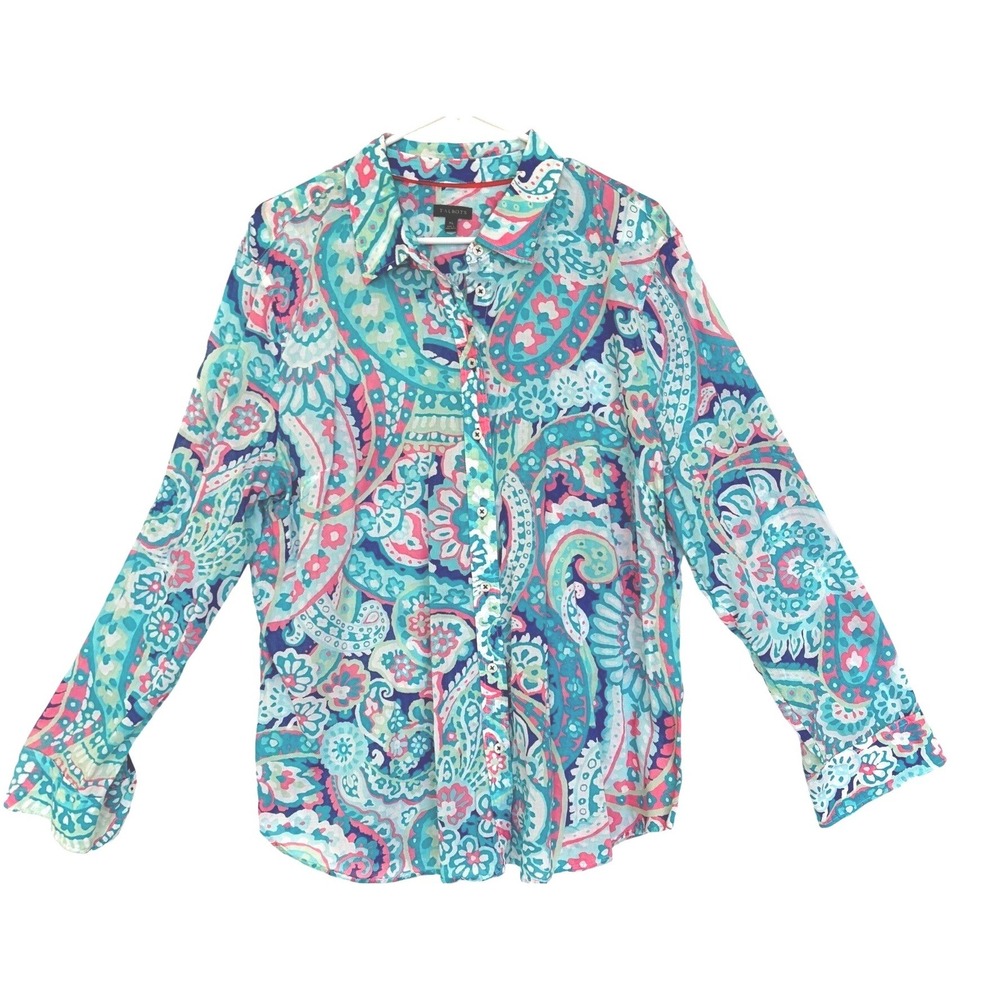 Talbots Womens XL Pink Turquoise Paisley‎ Cotton Button Down Long Sleeve Shirt